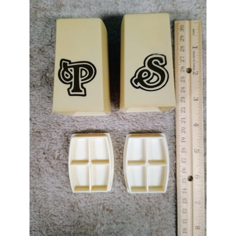 Vintage Cream Plastic Salt and Pepper‎ Shakers Set Retro Brown Lettering MCM
